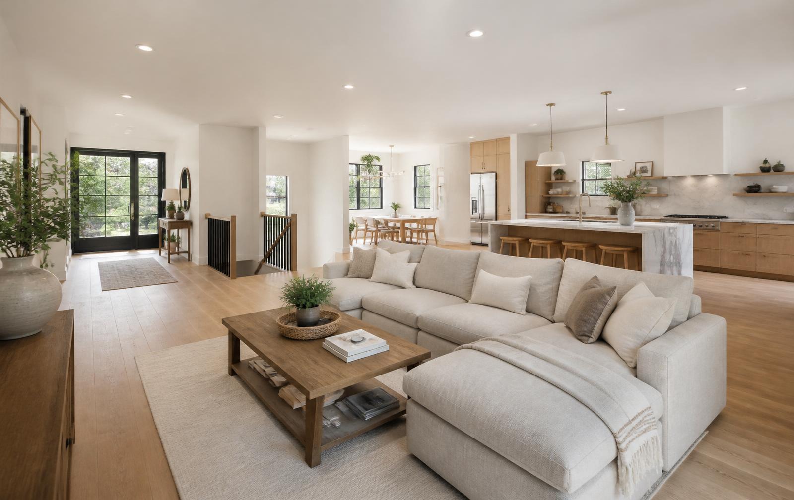 Open concept living room with white oak floors after renovation