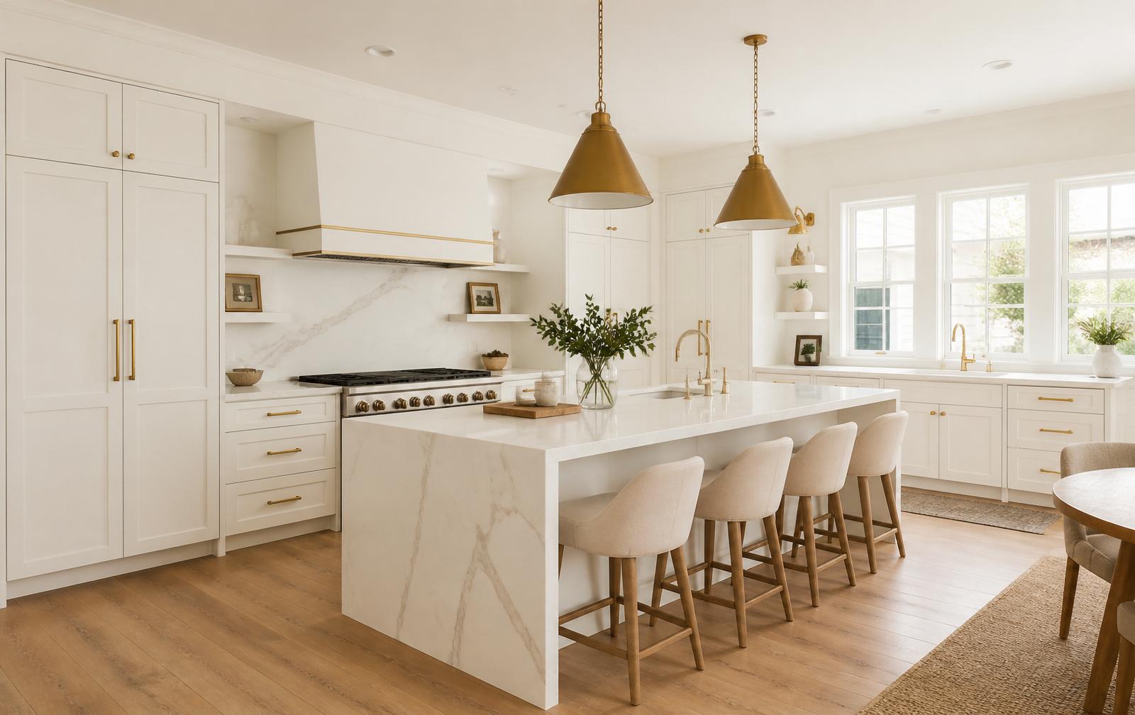 Renovated white kitchen with marble counters